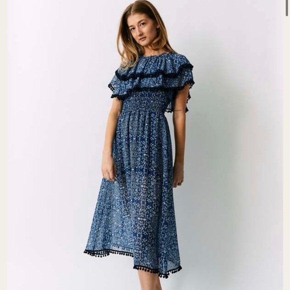 MISA Los Angeles Maribel Pom Pom trim midi dress - Picture 1 of 4